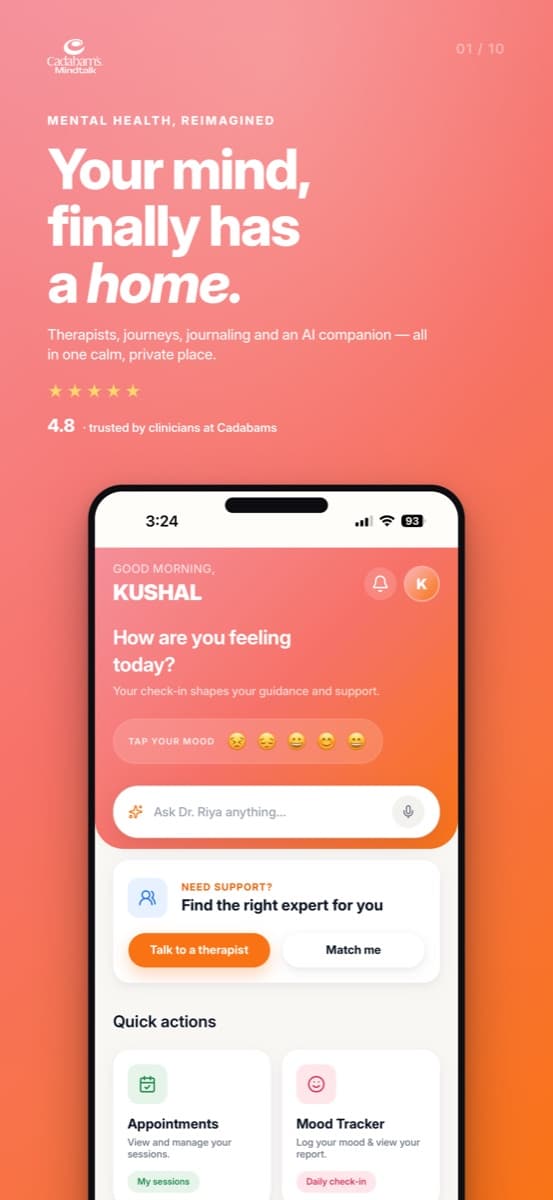 Mindtalk app β home screen with mood check-in and quick actions