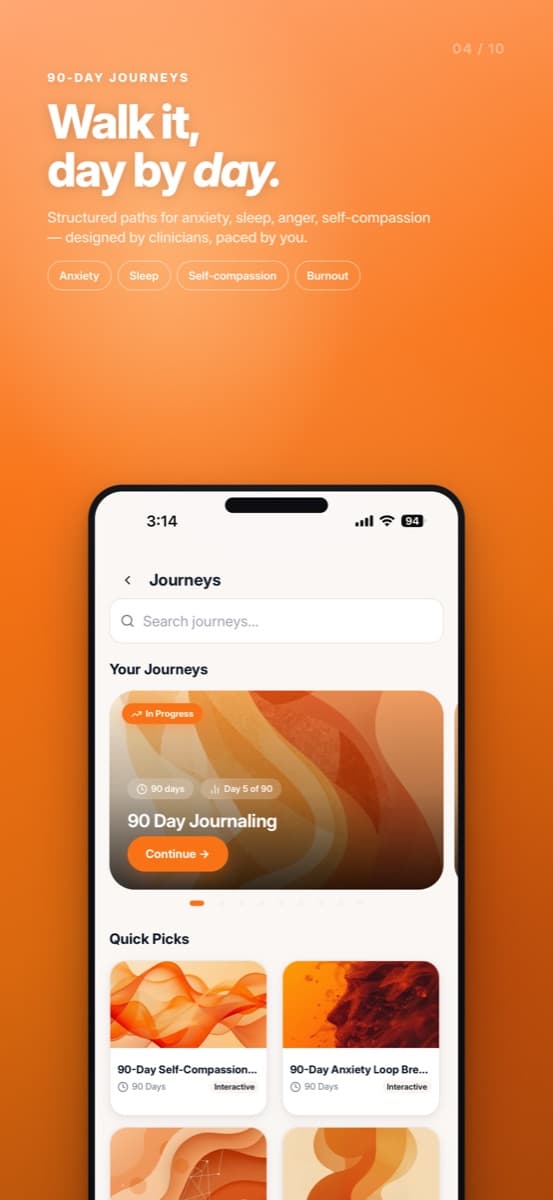 Mindtalk app — 30 to 90-day guided journeys for anxiety, sleep, and self-compassion