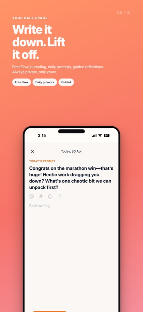 Mindtalk app — guided journal with daily prompts and free-flow writing