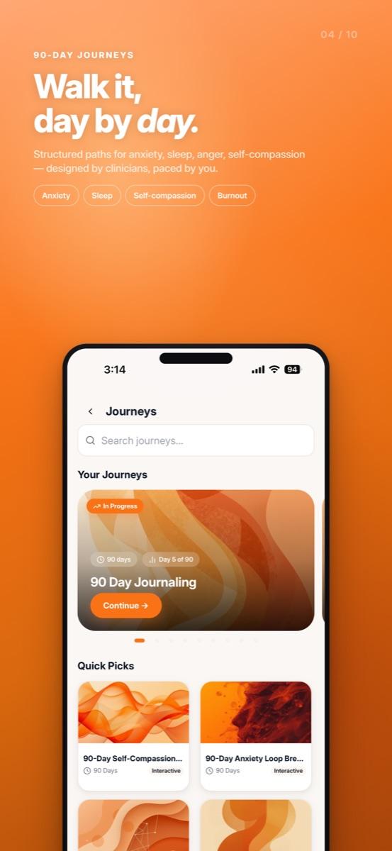 Mindtalk app — 30 to 90-day guided journeys for anxiety, sleep, and self-compassion